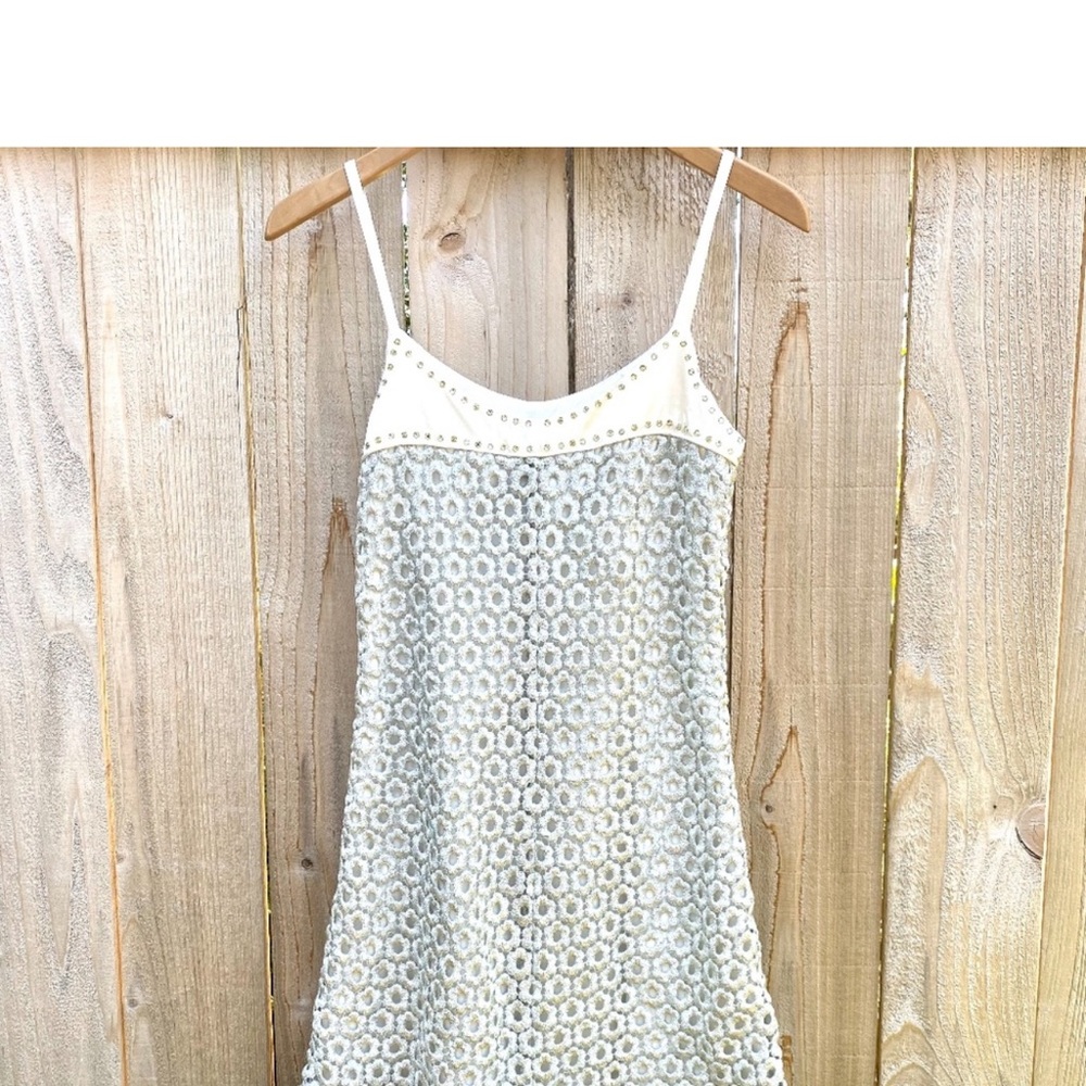 Laundry by Shelli Segal Retro Metallic Lace and Rhinestones Shift Dress